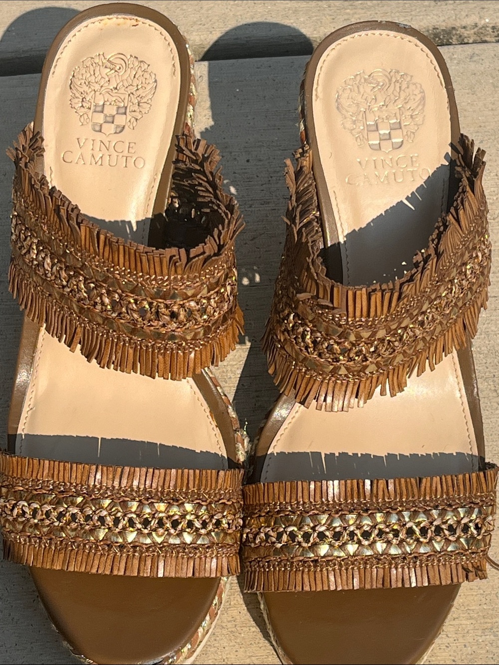Vince Camuto Woven Fringe Platform Block Heel Slide Sandals Women’s 9 Est - Picture 6 of 9